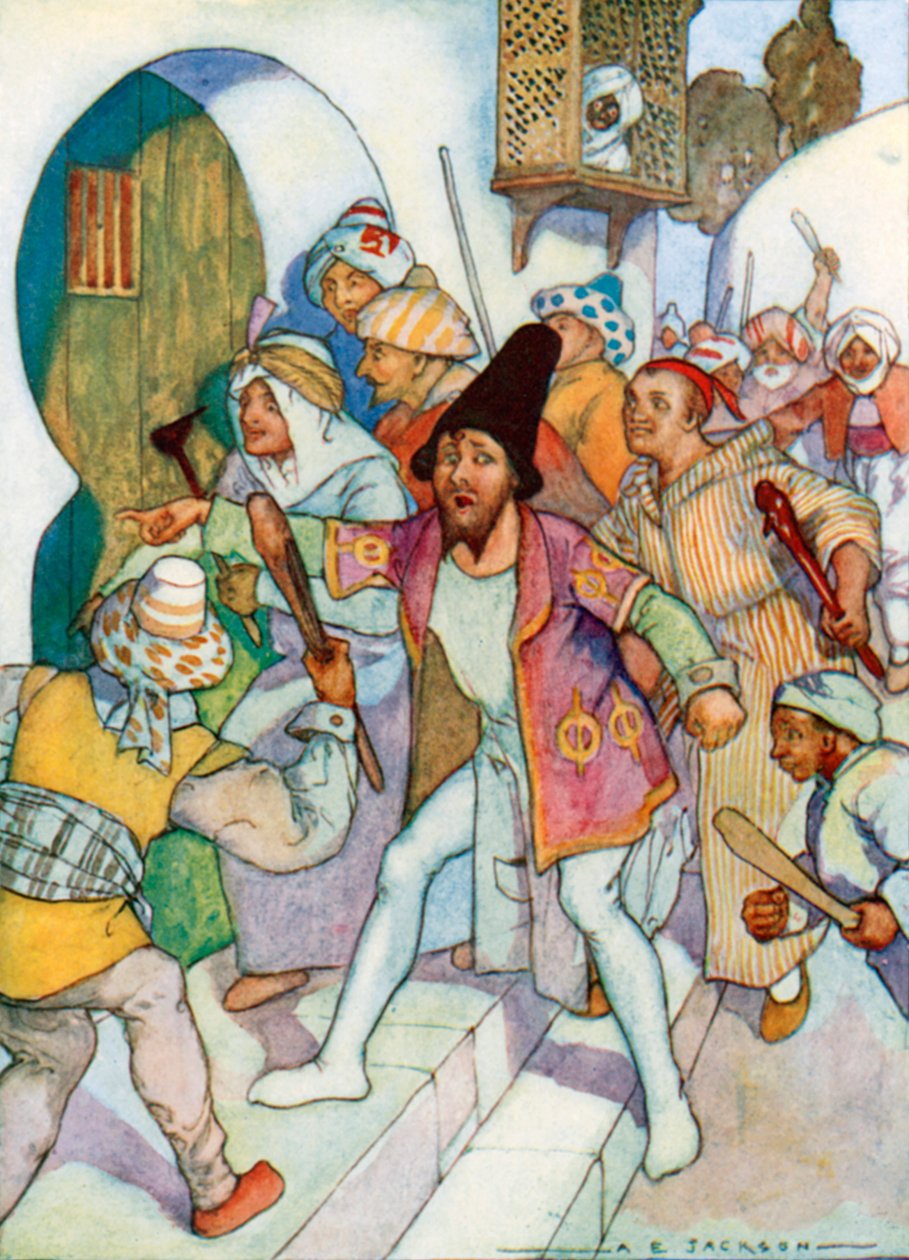 "Kopogtattak a Cadi ajtaján" (színes litográfia) alkotó: Albert Edward Jackson