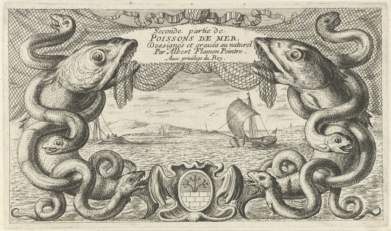 Tengeri táj a tengeri élőlények és a halászháló határával Halak és más tengeri élőlények – sósvízi második sorozat (sorozat címe) Poissons de mer (sorozat címe az objektumon) alkotó: Albert Flamen