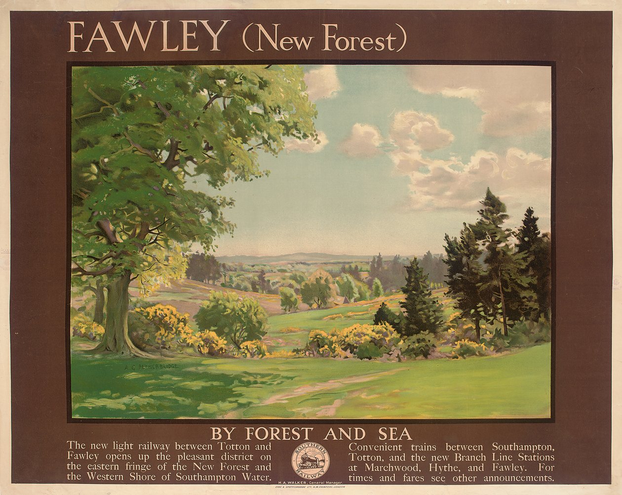 Fawley (New Forest), a Southern Railway-t reklámozó plakát (színes litho) alkotó: Albert George Petherbridge