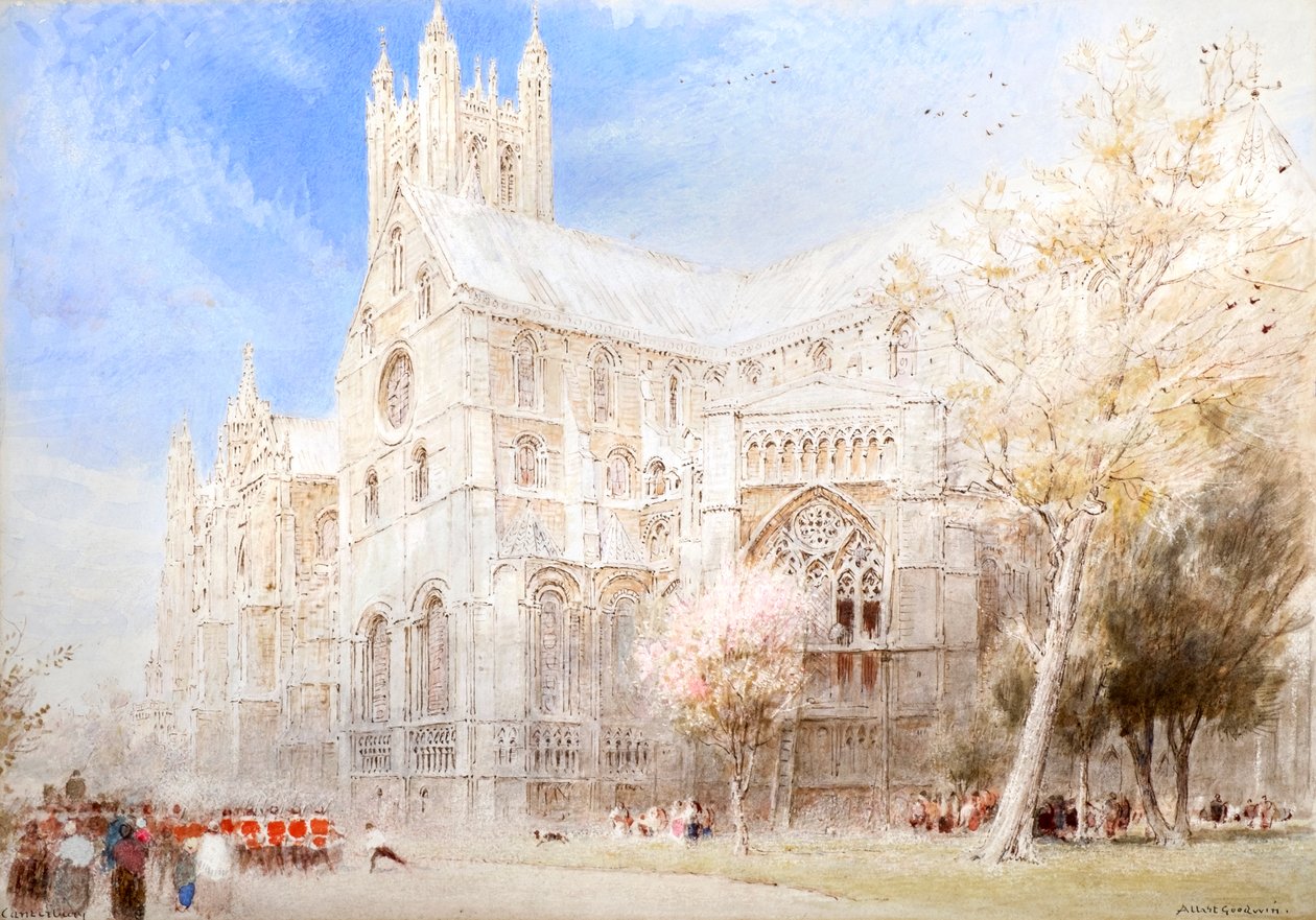 Canterbury székesegyház. Katonák felvonulása (akvarell tussal) alkotó: Albert Goodwin