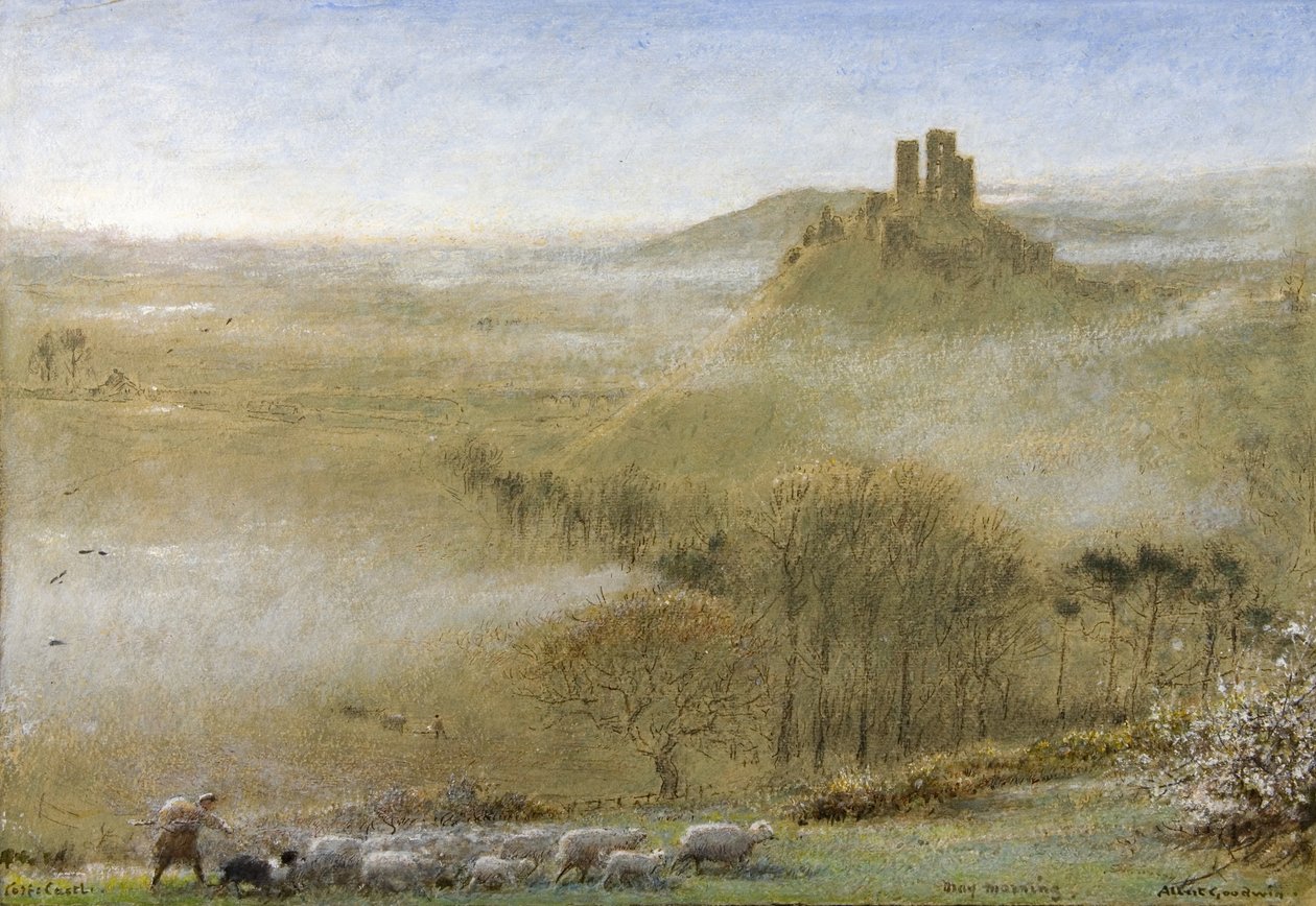 Corfe kastély, május reggel, 1860 körül – 1932 körül (ceruza, akvarell, testfesték, toll és tinta papíron) alkotó: Albert Goodwin