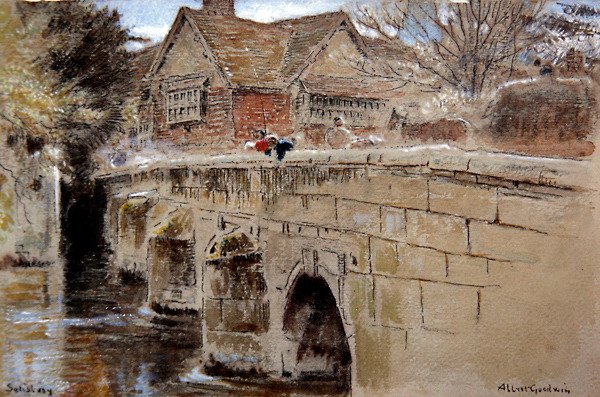 Crane Bridge, Salisbury (toll és tus, akvarell és testfesték, színezett papírra) alkotó: Albert Goodwin