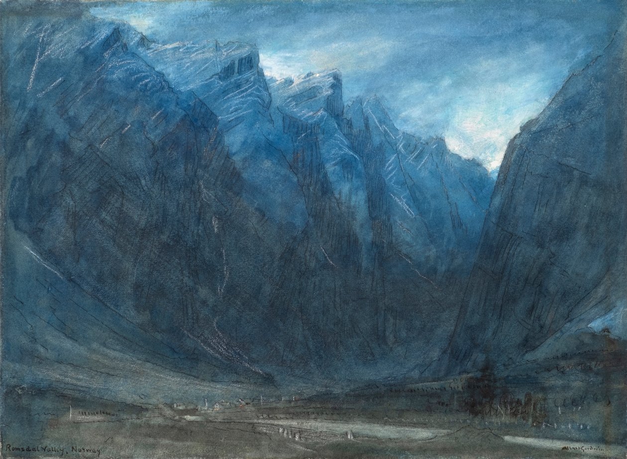 Romsdal-völgy, Norvégia (akvarell, testfesték, kréta és tinta) alkotó: Albert Goodwin