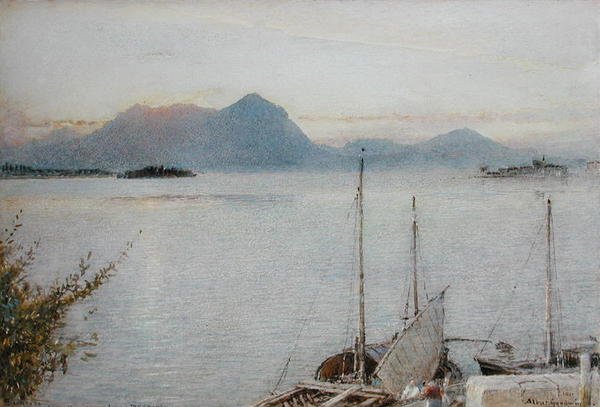 Napkelte Bavenóból, Maggiore-tóból alkotó: Albert Goodwin