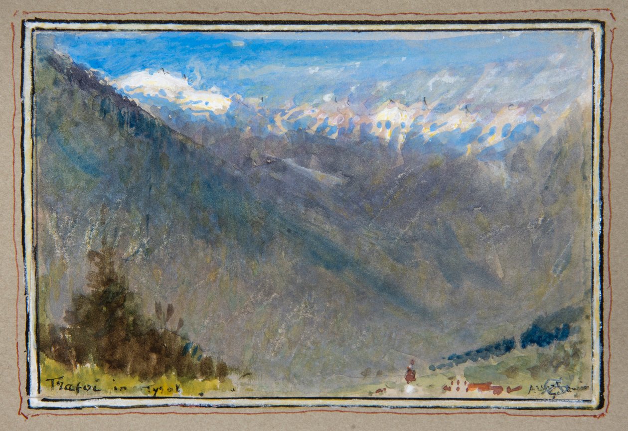Trafoi Tirolban (akvarell, testszínnel, díszes szegéllyel körülvéve) alkotó: Albert Goodwin