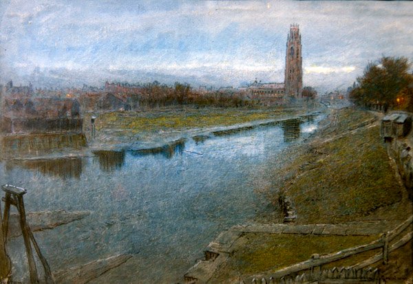 Boston, Lincolnshire kilátása (ceruza, toll és tinta, valamint akvarell papíron) alkotó: Albert Goodwin