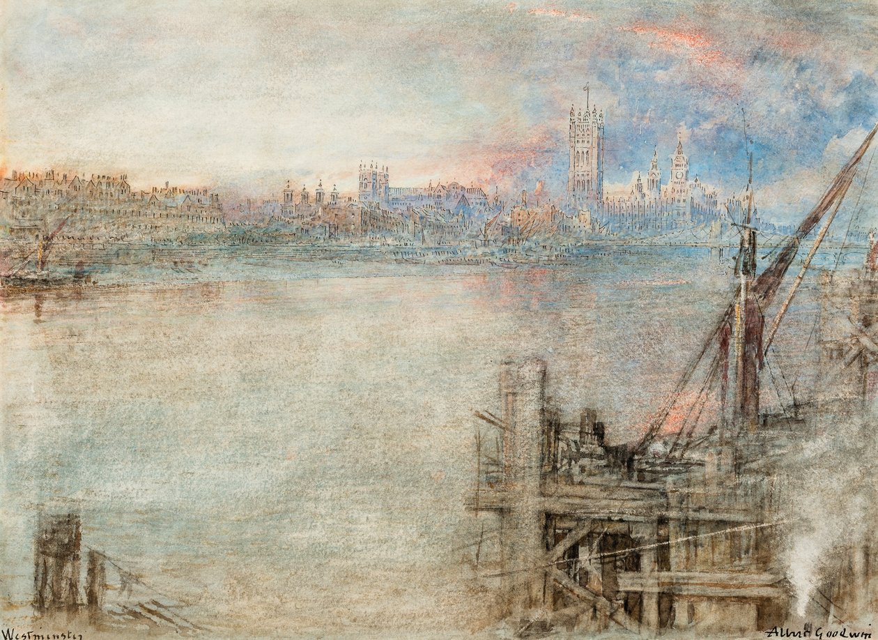 Westminster a Parlament házaival naplementekor (toll és fekete tinta és akvarell, papírra karcolással) alkotó: Albert Goodwin