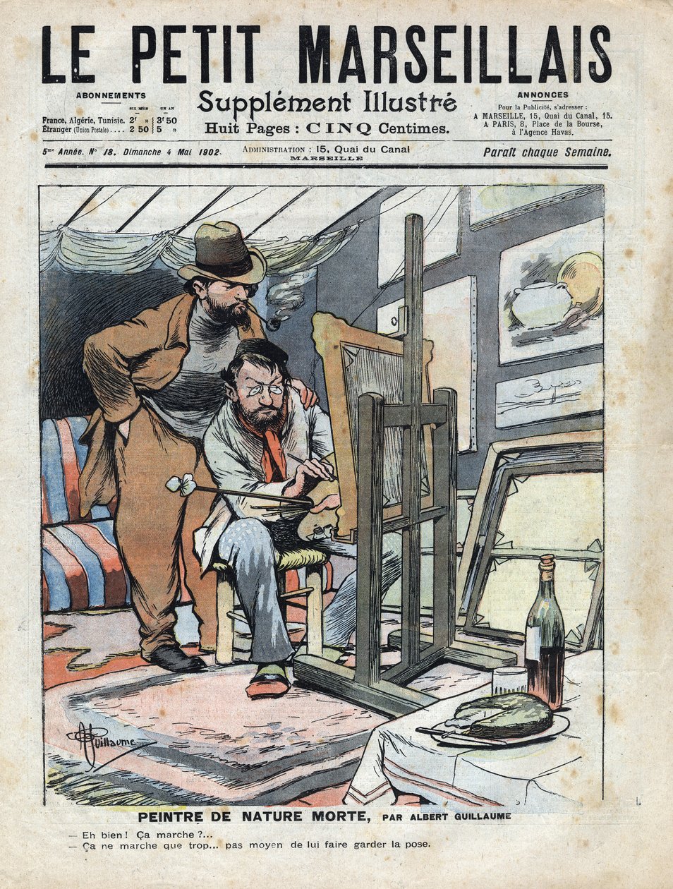 Egy padláson álló festő csendéleteket fest, a borosüveg és a modellként használt torta nem áll meg. Illusztráció: Albert Guillaume (1873-1942) a "" Le petit Marseillais"-ból" 1902.04.05. alkotó: Albert Guillaume