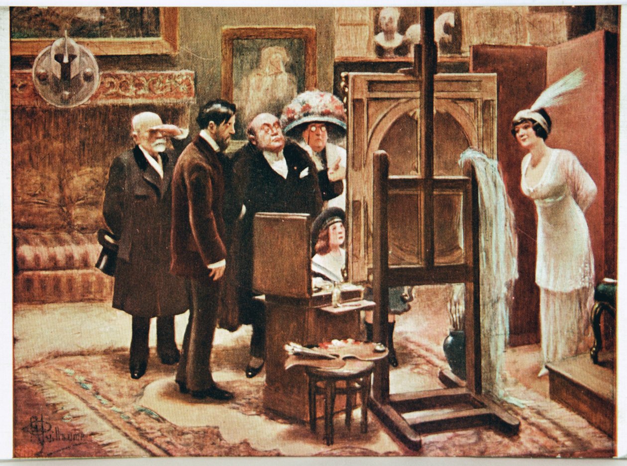 Művészet. Képzőművészet. Alkotását bemutató festő. Alfred Guillaume képeslapja, Franciaország, 1920 körül (képeslap) alkotó: Albert Guillaume