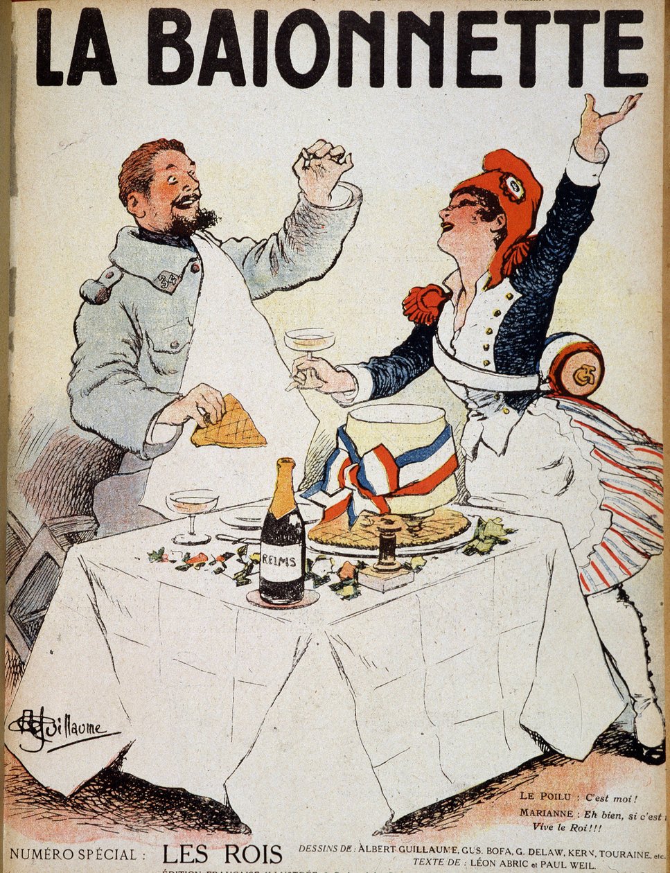 A királyok (Marianne és egy szőrös férfi, aki poharakat kocog egy torta körül) - a „La Baionnette”-ben, Albert Guillaume (1873-1942) rajza (XX. század) alkotó: Albert Guillaume