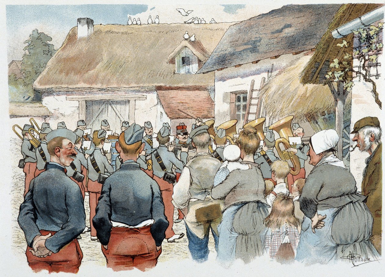 Katonai zenekar egy faluban Albert Guillaume (1873-1942) „Katonai albumában”, 1900 körül alkotó: Albert Guillaume