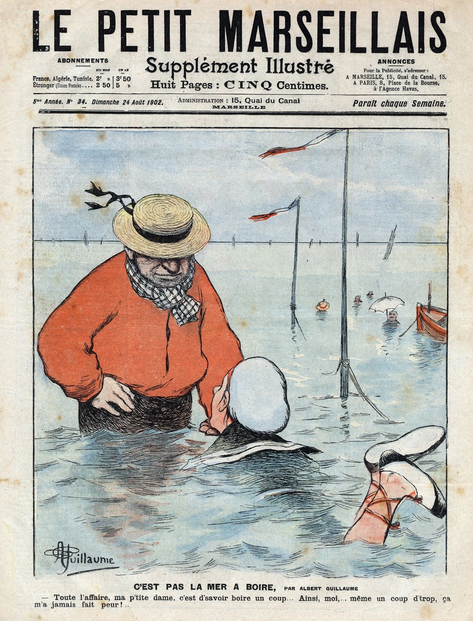 Kis komikus jelenet, amely egy úszni tanuló hölgyet ábrázol egy másik úszó, italbarát szeme alatt. Illusztráció: Albert Guillaume a „" Le petit Marseillais" című filmből, 1902.08.24. alkotó: Albert Guillaume