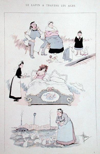 "A nyúl az idők során", karikatúra a "Faut Voir" című, a művész munkáit tartalmazó albumban, 1900 körül (színes litográfia). alkotó: Albert Guillaume
