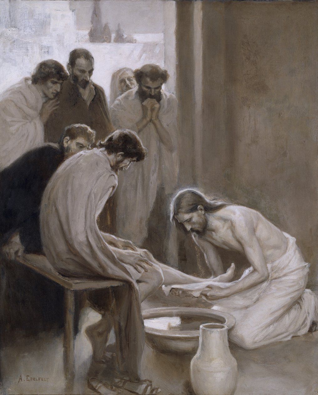 Jézus, aki megmossa tanítványai lábát, 1898 (olaj és grisaille papíron) alkotó: Albert Gustaf Aristides Edelfelt