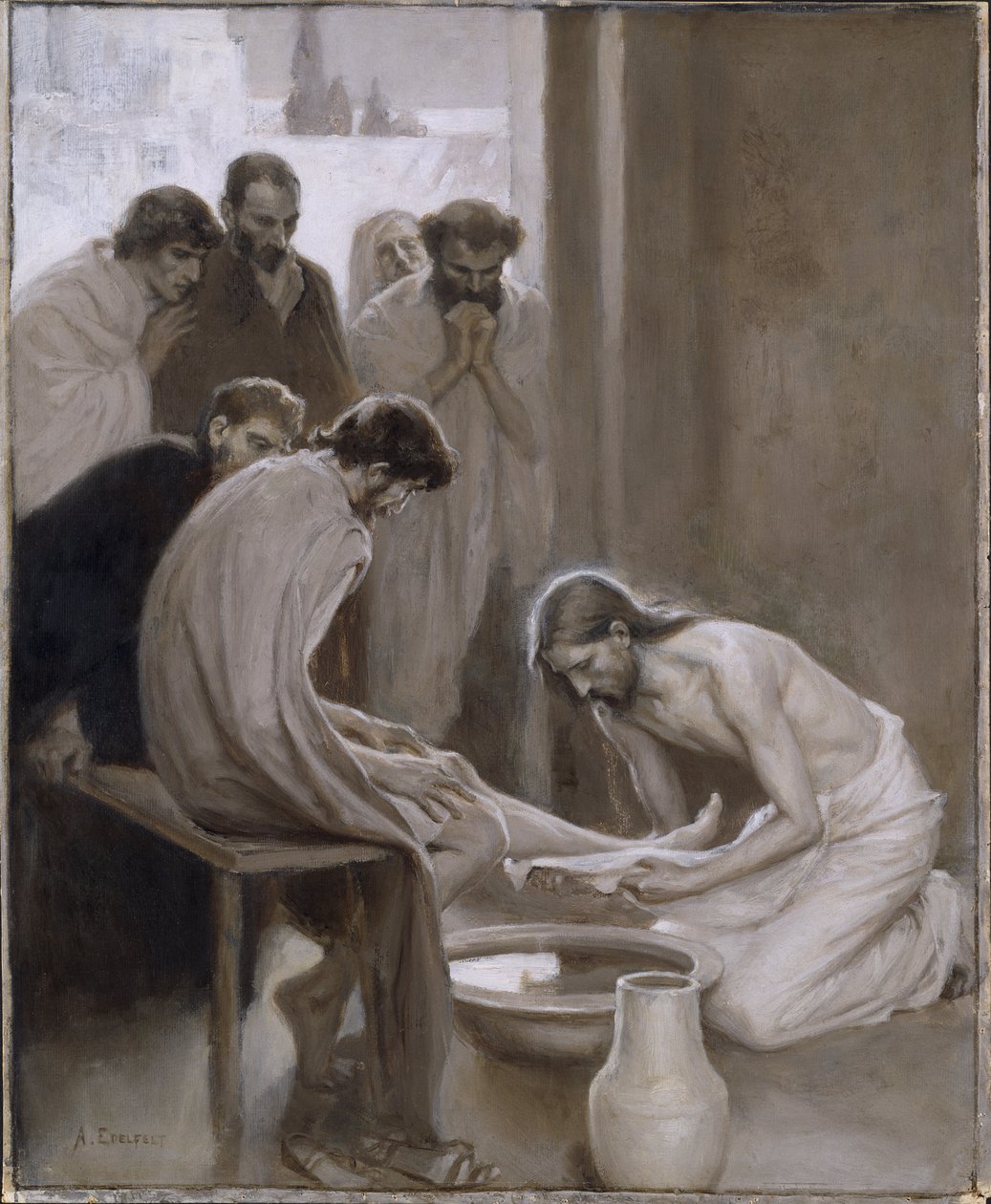 Krisztus, aki megmosta tanítványai lábát – Krisztus, aki megmosta a tanítványok lábát, Edelfelt, Albert Gustaf Aristides (1854-1905). Grisaille alkotó: Albert Gustaf Aristides Edelfelt