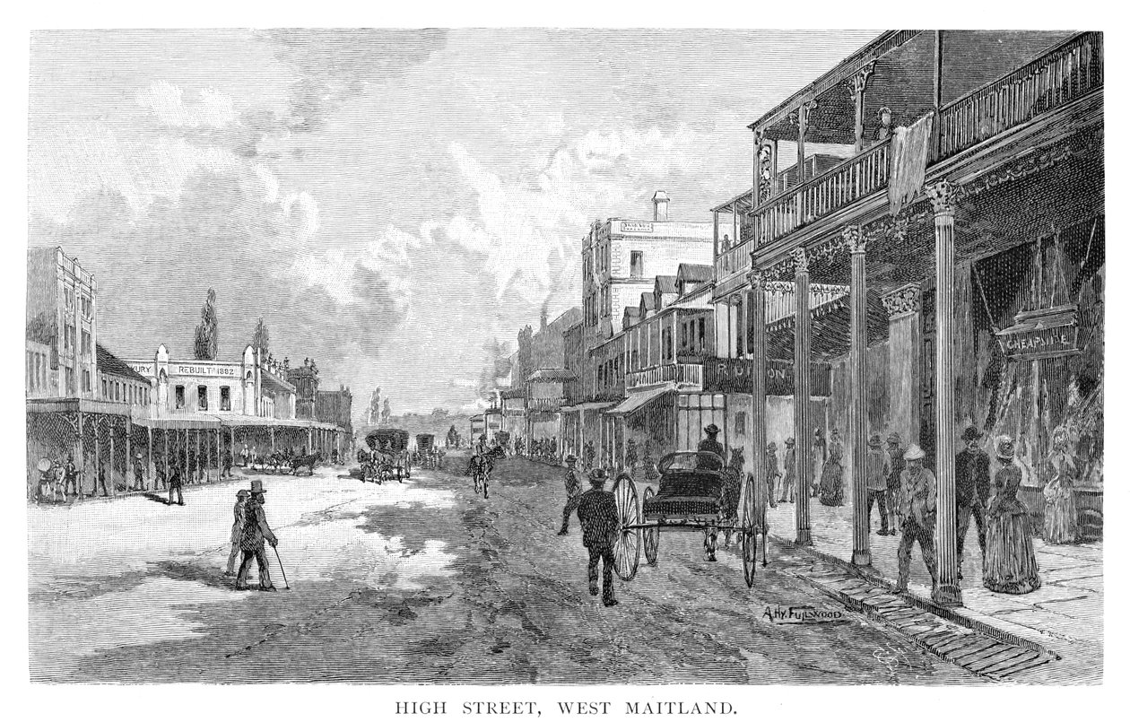 High Street, West Maitland, Új-Dél-Wales, Ausztrália, 1886. alkotó: Albert Henry Fullwood
