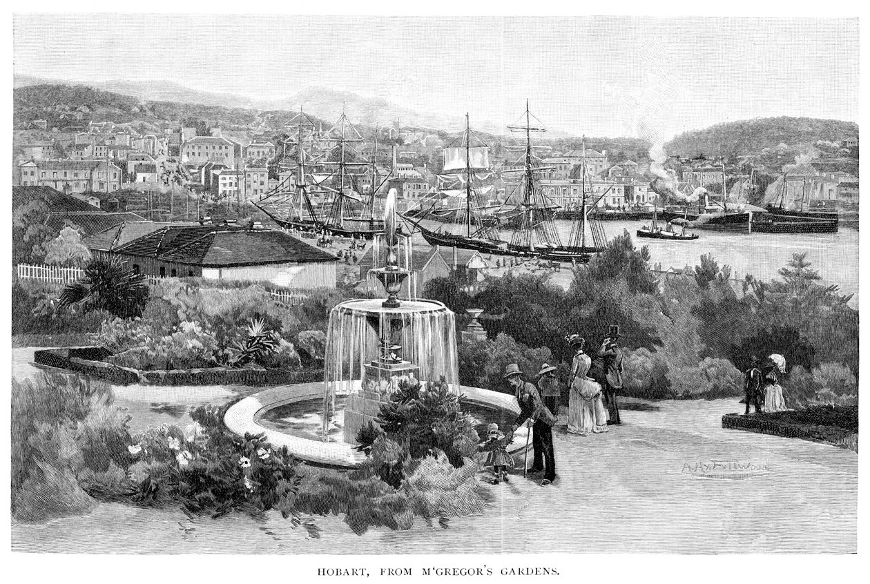 Hobart a McGregors Gardensből, Tasmania, Ausztrália, 1886. alkotó: Albert Henry Fullwood