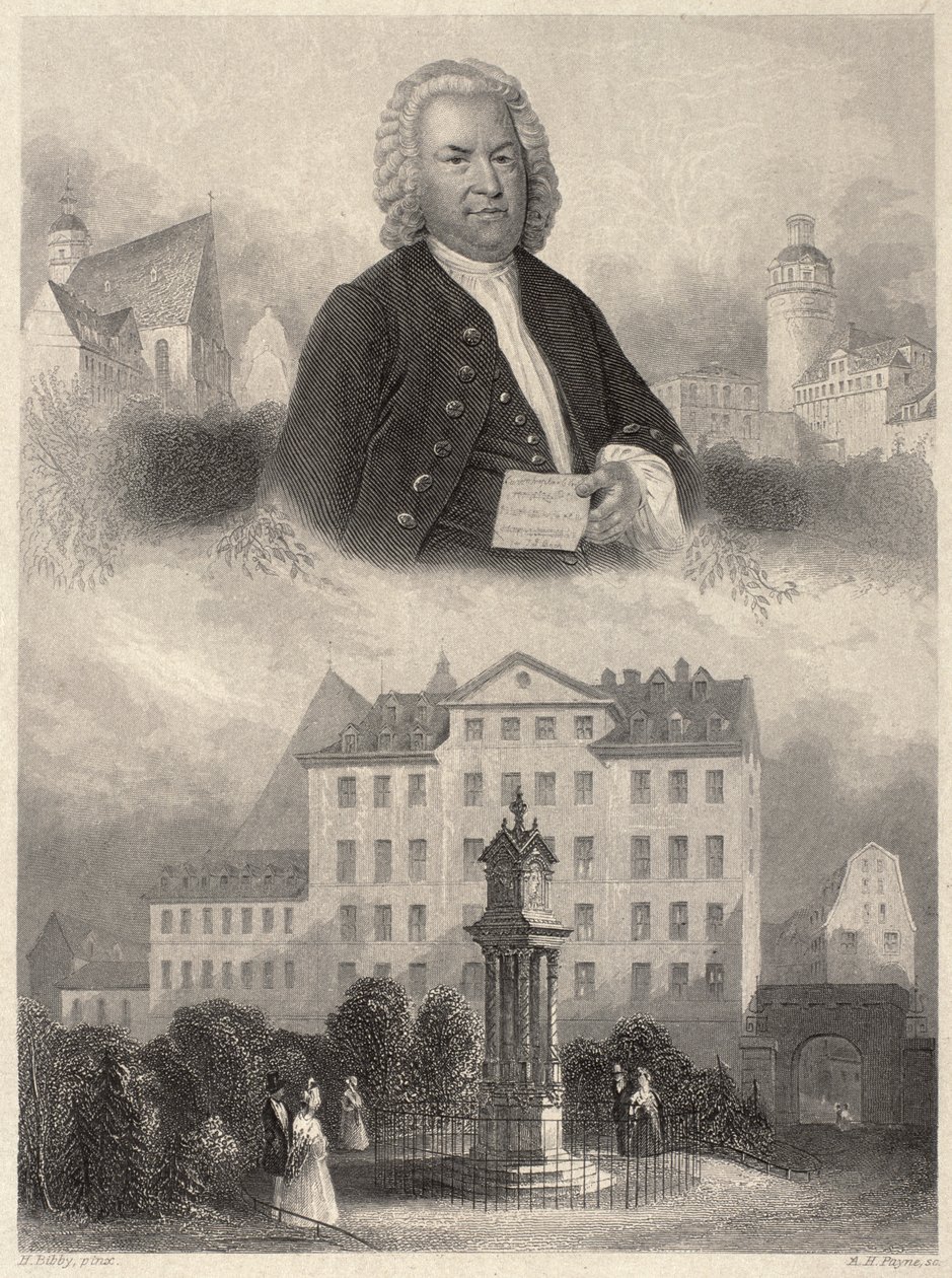 Johann Sebastian Bach portréja, Bach-emlékmű és lipcsei Szent Tamás-templom és iskola, c. 1860 alkotó: Albert Henry Payne