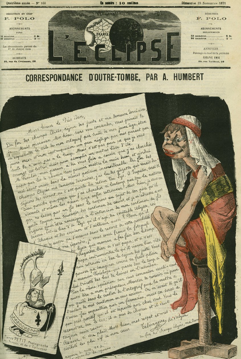 Levelezés a sírból, Telemaque, Ulysses fia ír a köztársasági elnöknek. Rajz, amely a Gill cenzúrázott karikatúráját helyettesíti. Borító: A. Humbert „” L