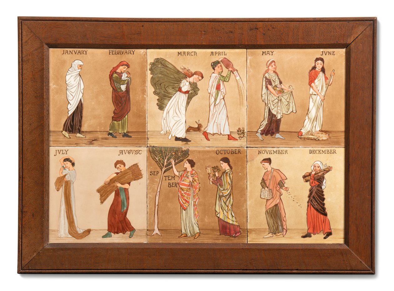 Hat Minton Hollis & Co csempe, amelyek a hónapokat reprezentálják, 1880-99 körül (festett kerámia) alkotó: Albert Joseph (attr.to) Moore