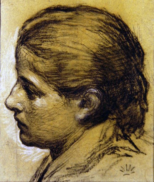Tanulmány egy lányfejről, 1870 körül (szén, kék papír, viaszolt) alkotó: Albert Joseph Moore