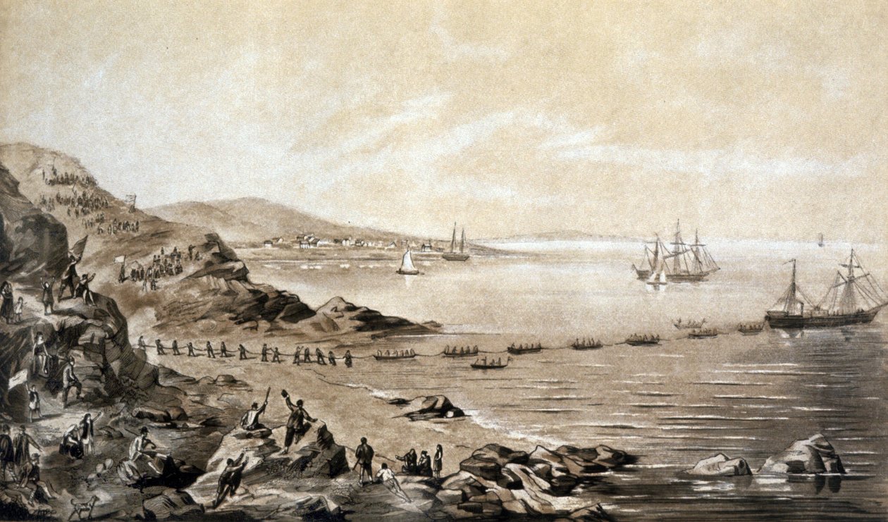az első transzatlanti távirati kábel telepítése Írország és Kanada között (1857), Albert Kruger metszet 1870 körül alkotó: Albert Kruger