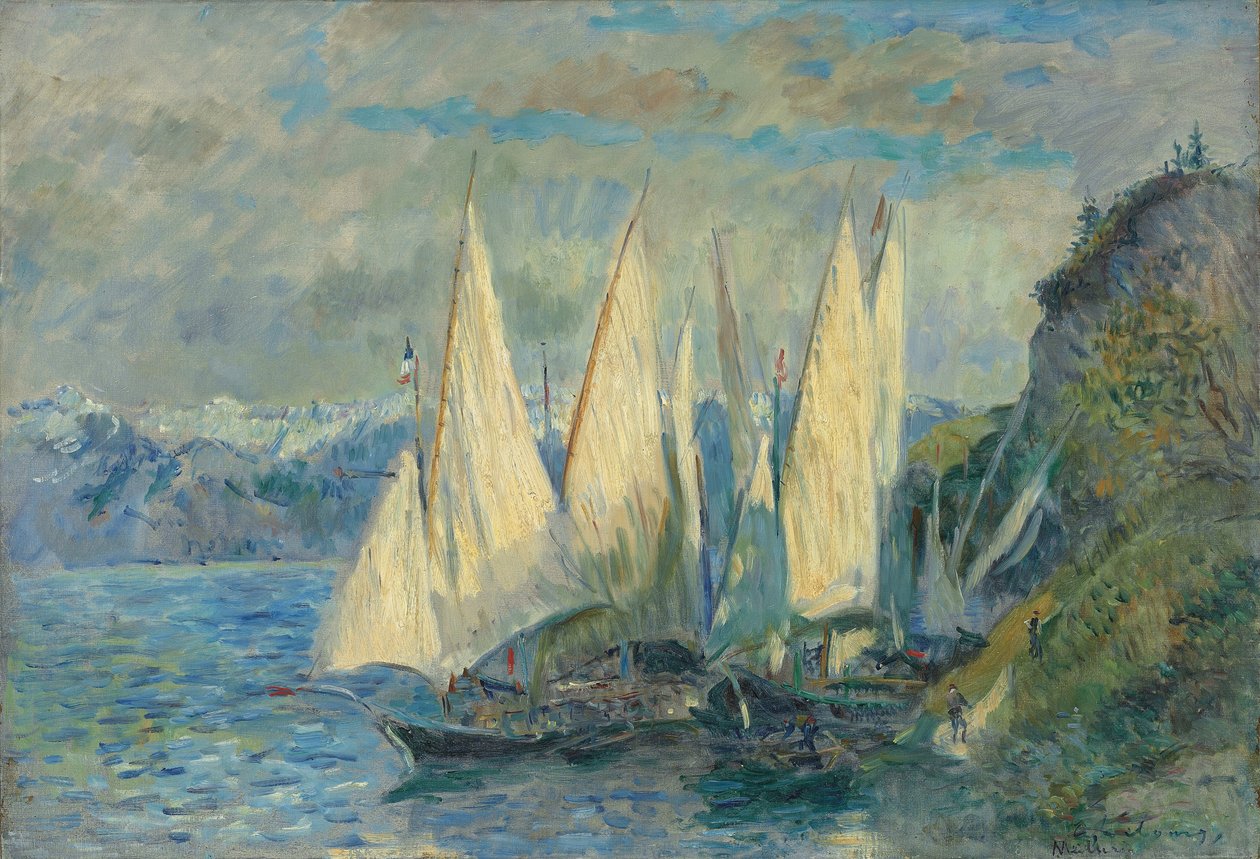 Hajók nagy vitorlákkal a Genfi-tavon Haute-Savoie-ban, Meilerie-nél alkotó: Albert Lebourg