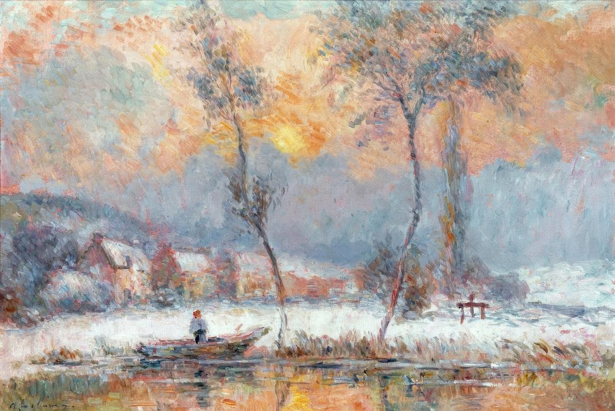 Napkelte, a havon át, a Chalou-Moulin tavon alkotó: Albert Lebourg