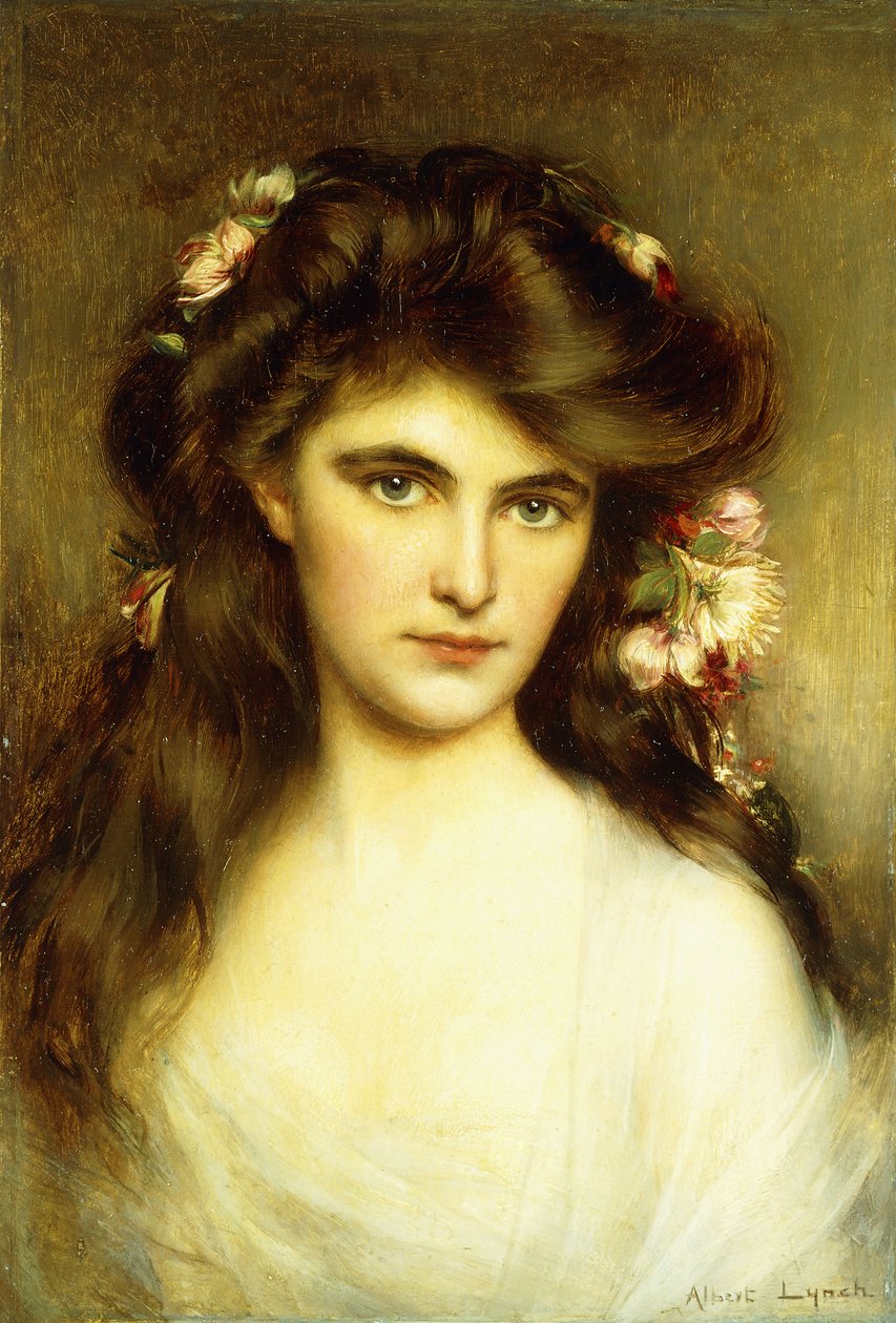 Egy fiatal szépség virágokkal a hajában, alkotó: Albert Lynch