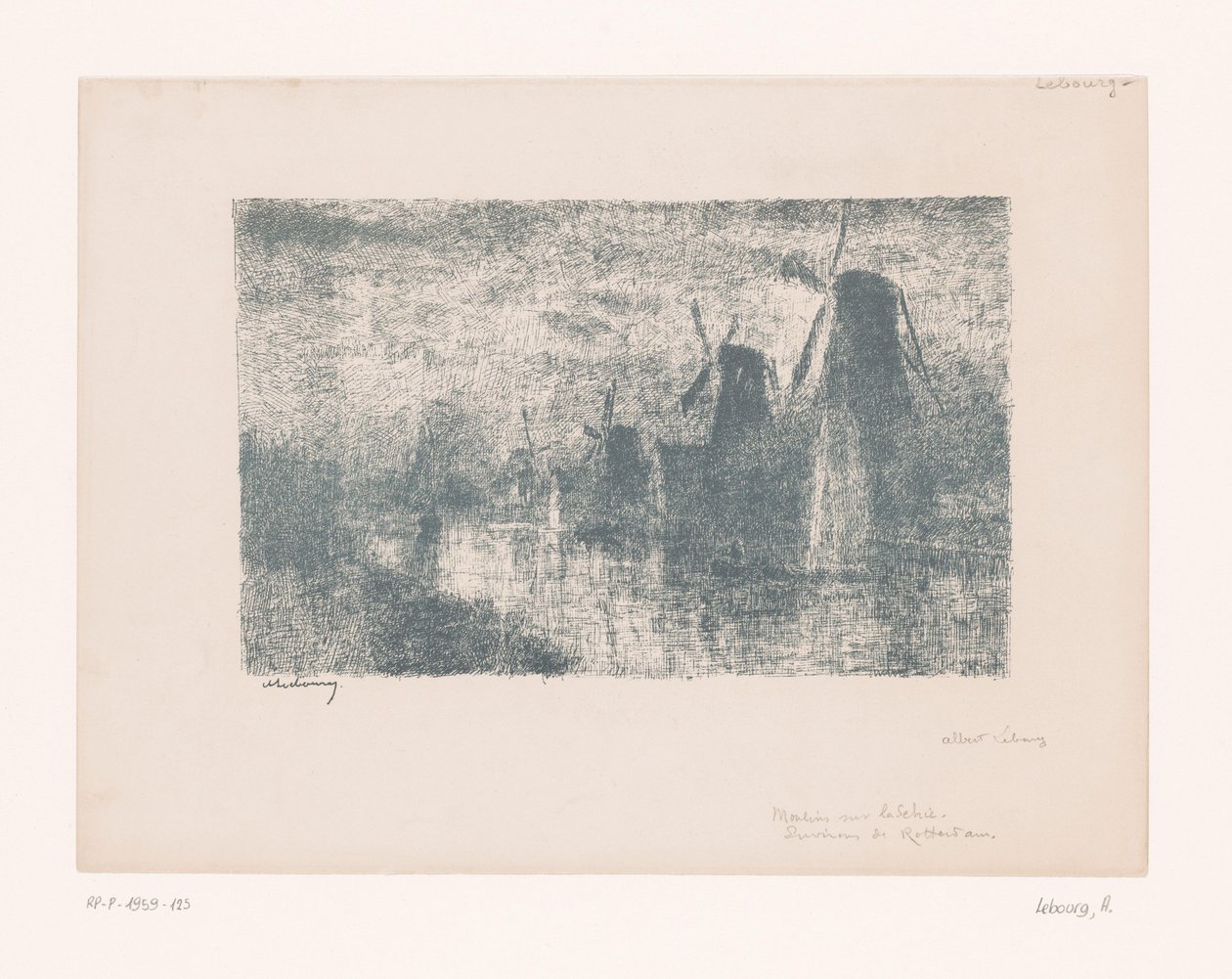 Szélmalmok a Rotterdam melletti Schie-n Moulins sur la Schie (cím a tárgyon) alkotó: Albert Marie Lebourg
