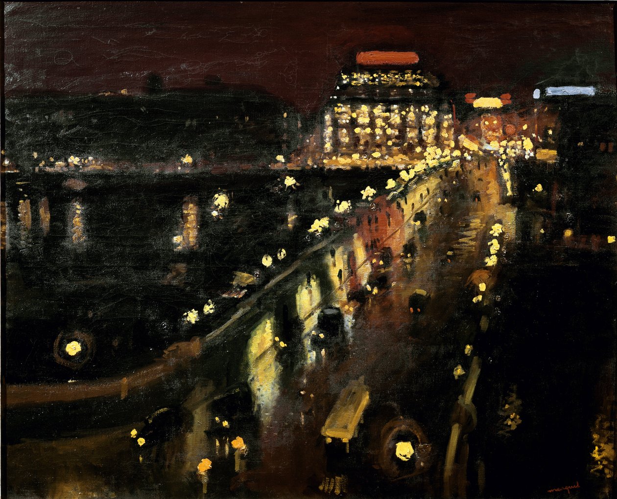 A Pont Neuf Párizsban éjjel A háttérben megvilágított Samaritaine alkotó: Albert Marquet