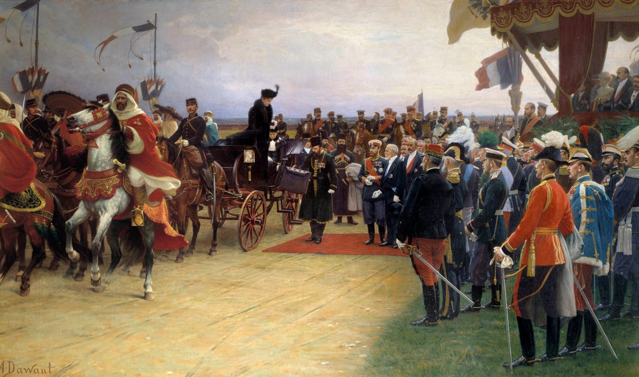 Emile Loubet (1836-1929) elnök üdvözli II. Miklós cárt (1868-1918) és Alexandra impressziót 1901. szeptember 21-én a Betheny-i táborban Albert Dawant (1852-1923) festménye 1905 V., 09x3,56 m alkotó: Albert Pierre Dawant