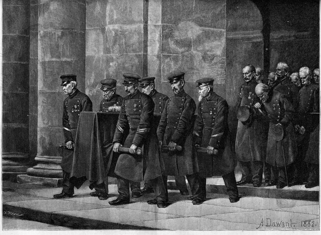 Fogyatékos ember temetése. Francia katonák egy katona koporsóját cipelő temetésén a párizsi katonák templomában (Saint Louis des Invalides). Metszet Albert Pierre Dawant (1852-1923) festménye után a „The Illustrous Worl” c. alkotó: Albert Pierre Dawant