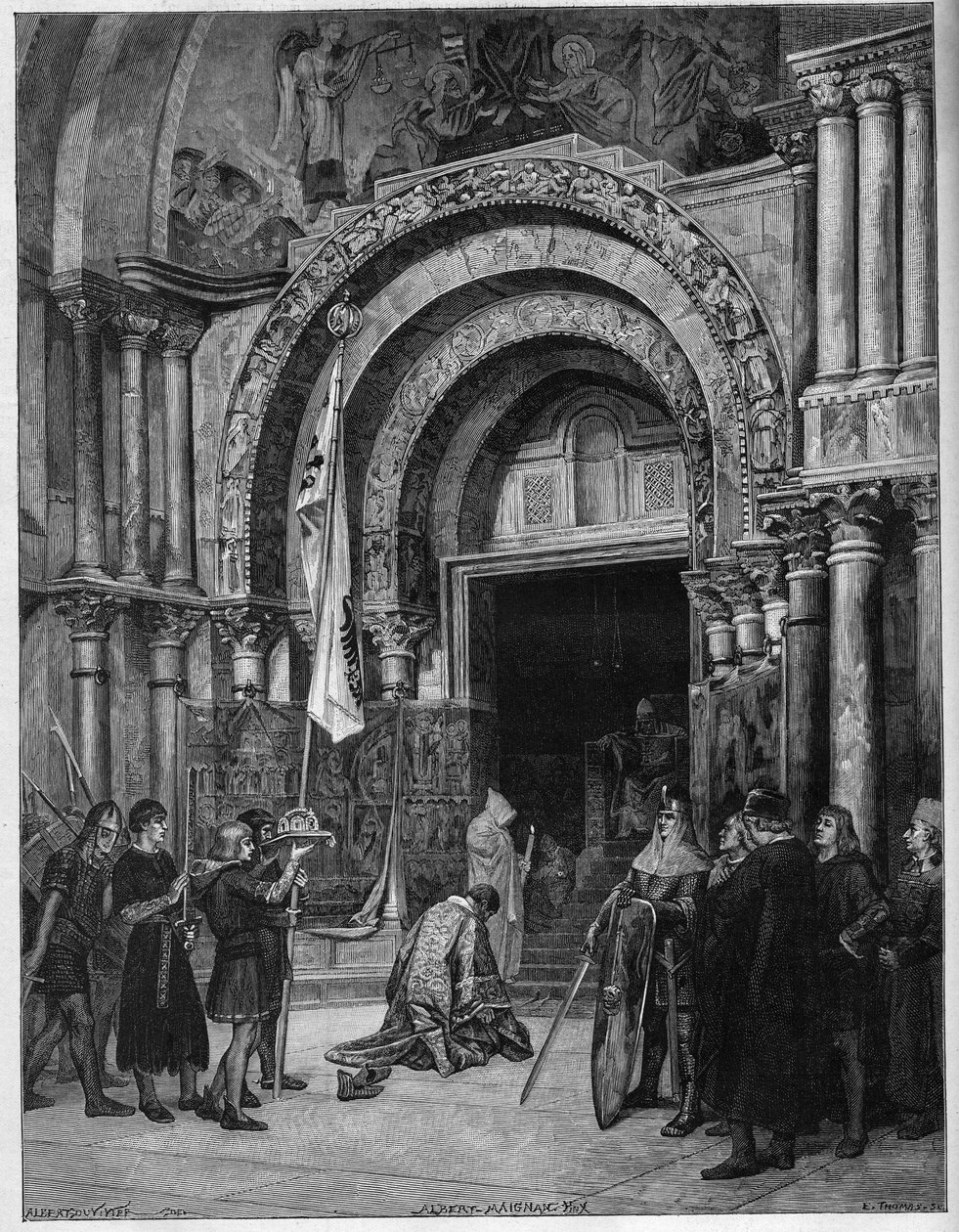 Frederic Barberose a pápa lábánál. I. Frigyes hohenstaufeni császár (1122-1190) leborul III. Sándor pápa (1105-1181) előtt, aki 1177-ben Velencében Szent Márk (San Marco) kapuja alatt várja. Albert Maignan festménye nyomán készült metszet (1. alkotó: Albert Pierre René (after) Maignan
