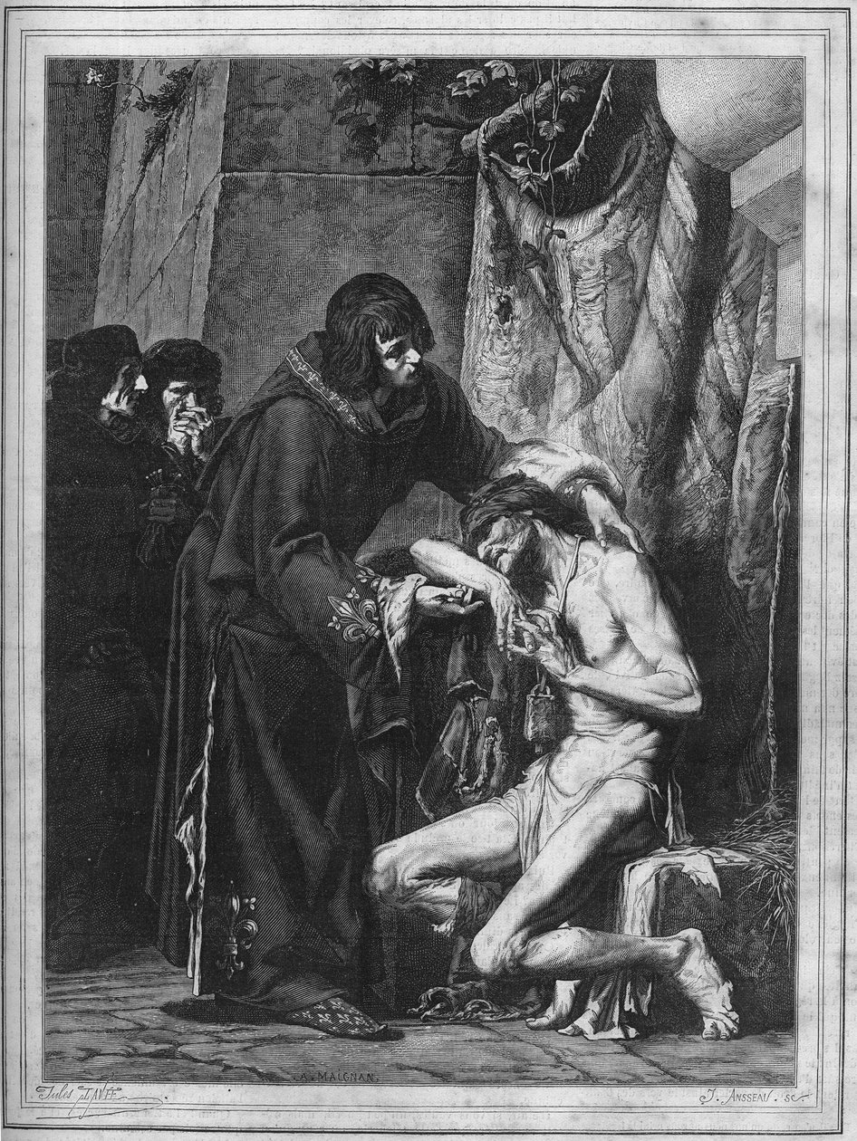 IX. Lajos megvigasztal egy leprát: Szent Lajos francia királyt (1214-1270) és egy beteget a leprajárvány idején. Metszet 1878-ból Albert Maignan (1845-1908) festményéről. alkotó: Albert Pierre René (after) Maignan