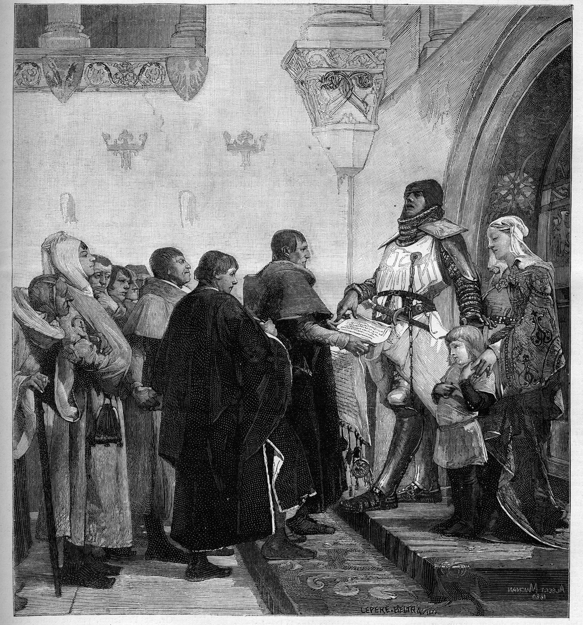 A burgundi Renaud átadja Belfort polgárainak a postaköltséget. Renaud de Bourgogne (meghalt 1321-ben) 1307-ben felszabadította Belfort városát, mivel pénzre volt szüksége, hogy megvívja háborúját a Szent Birodalom I. Rodolphe császára ellen. alkotó: Albert Pierre Rene Maignan