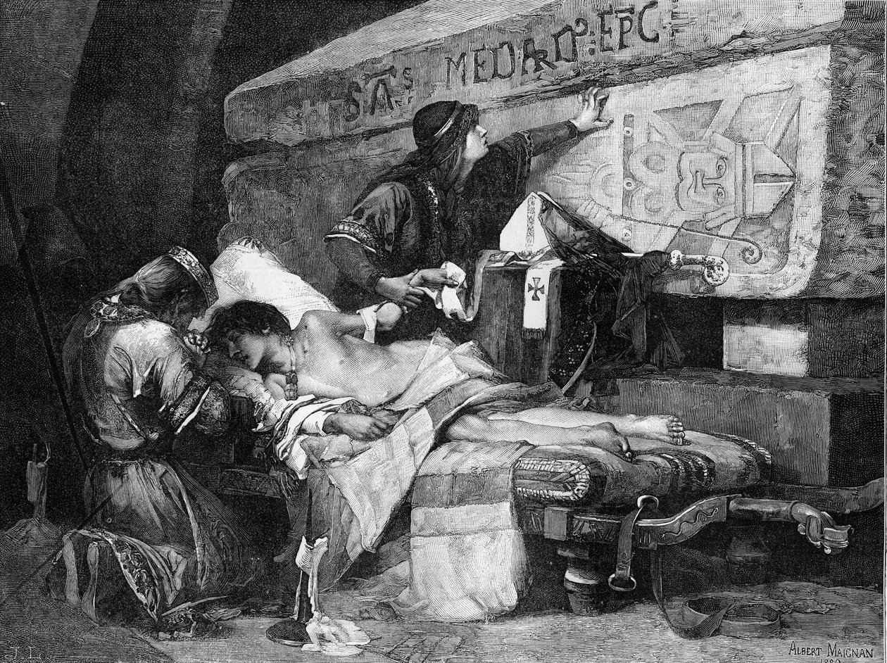 Chlodobert utolsó pillanata (vagy Clodebert 580-ban halt meg). „” Fredegonde és Chilperic 1. a Szent Medárd sírja közelében fekvő hordágyra tették fiukat, de a beteg kínokba esett...” Metszet Albert Maignan (1845-1908) festménye után. E alkotó: Albert Pierre Rene Maignan