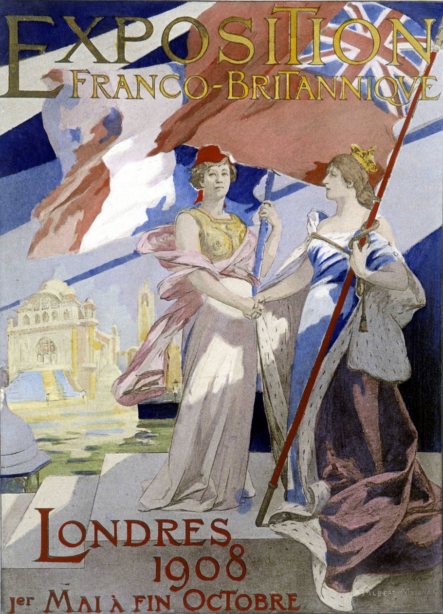 Két nő, Franciaország és Anglia jelképe, kezet fog. Albert Maignan plakátja (1908) az 1908-as londoni francia-brit kiállításhoz. alkotó: Albert Pierre Rene Maignan