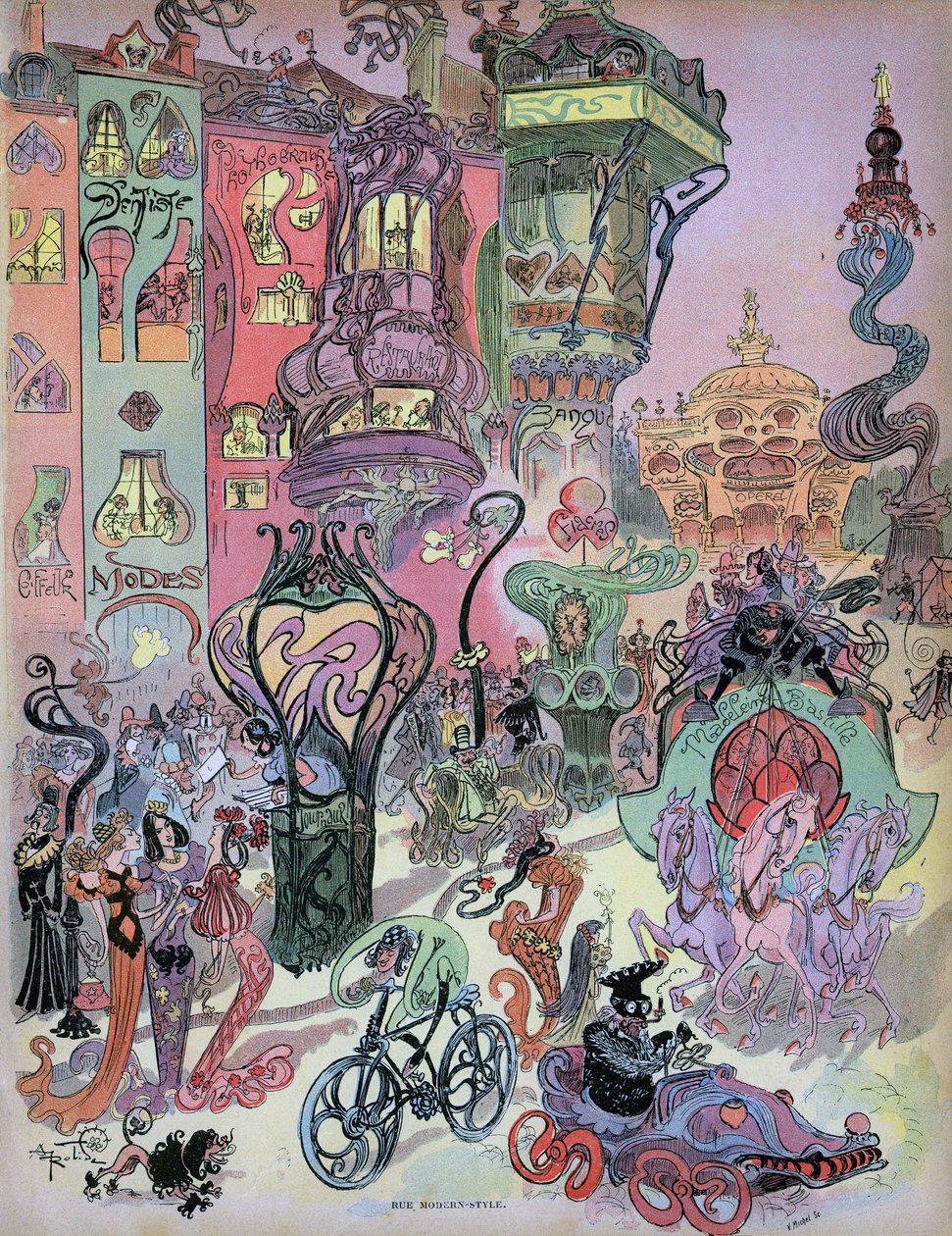 Advance view of Paris modern style by designer Albert Robida. In this beautiful drawing we see Robida