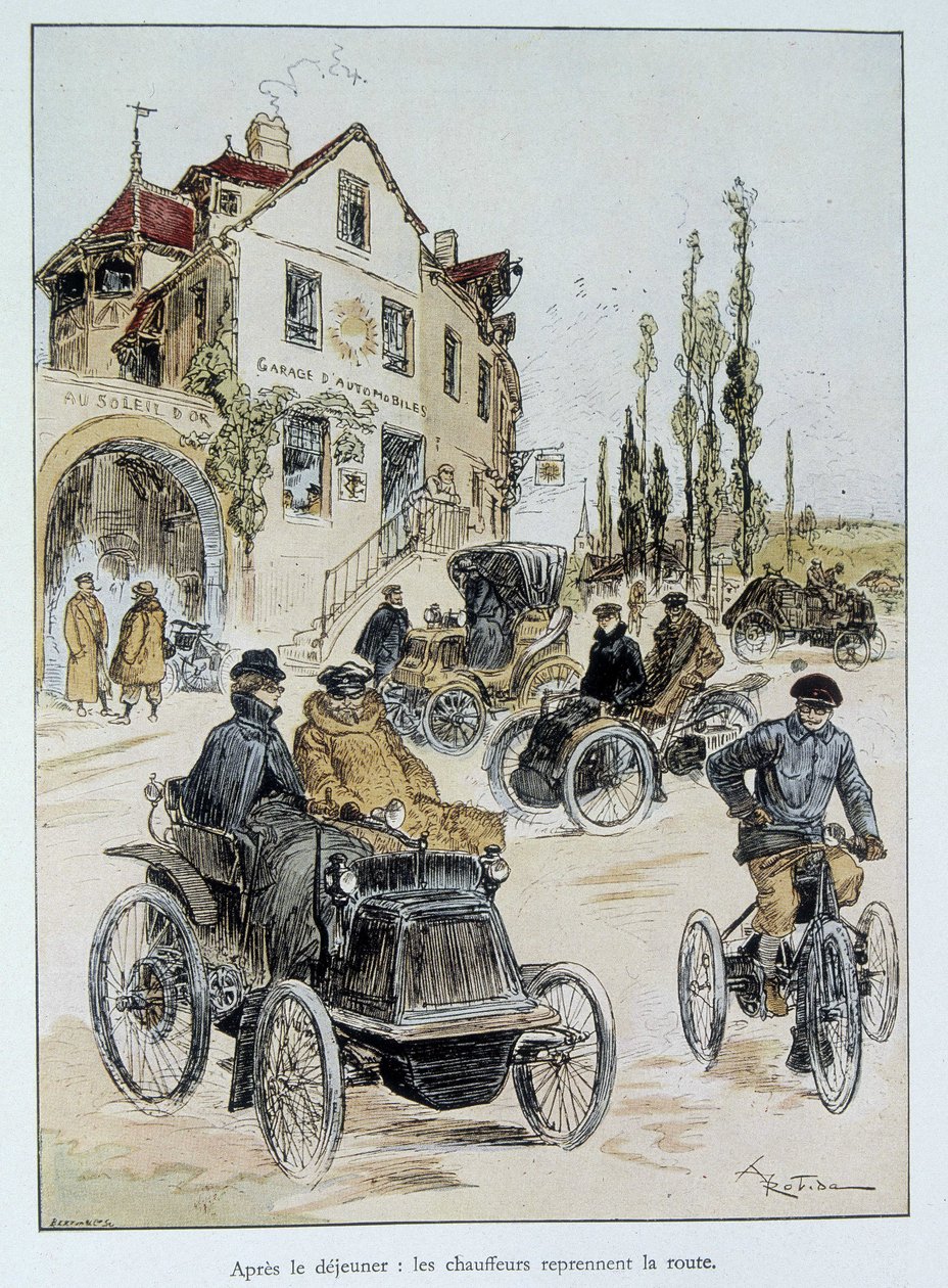 Reggeli után a sofőrök visszatérnek az útra: Robida motoros közlekedésének kezdete alkotó: Albert Robida