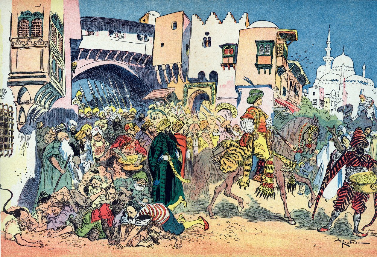 Aladdin a város utcáin lovagol, és pénzt dobál körülötte Albert Robida (1848-1926) illusztrációja az „Aladin és a csodálatos lámpa” című meséhez a „” les mille et une nuits” című filmben (illusztráció az „Aladdin” című meséhez ” a „The Book of One Tho alkotó: Albert Robida