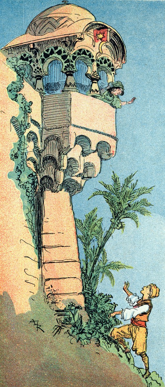 Aladin megtalálja palotáját és feleségét. Illusztráció: Albert Robida (1848-1926) az „Aladin és a csodálatos lámpa” című meséhez a „les mille et une nuits”-ban, „Az Ezeregyéjszaka könyve” vagy „Az arab éjszakák” c. ” alkotó: Albert Robida