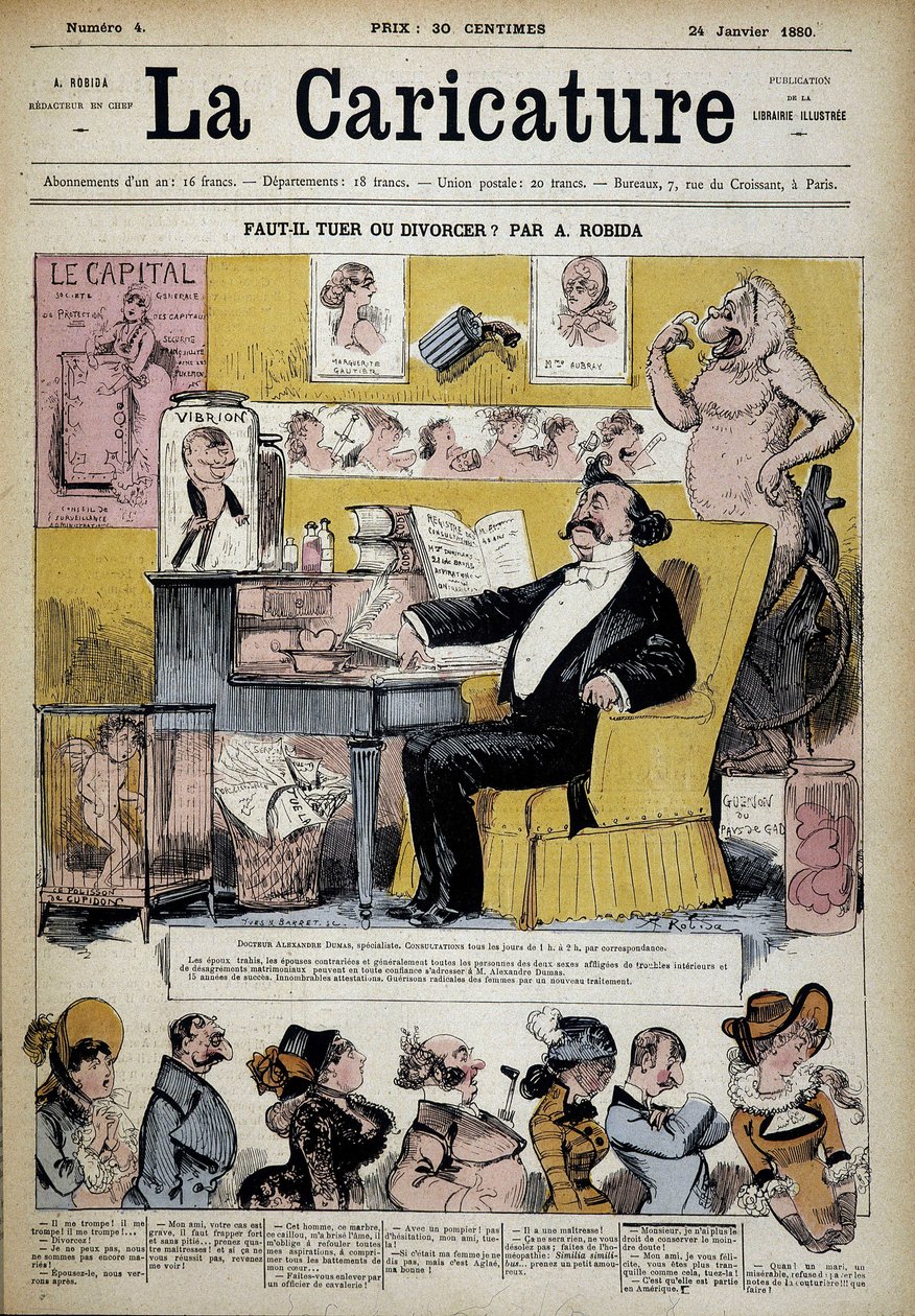Alexandre Dumas: Válási specialista, Albert Robida (1848-1926), Couv. „” A rajzfilm”” 1880.02.24. alkotó: Albert Robida