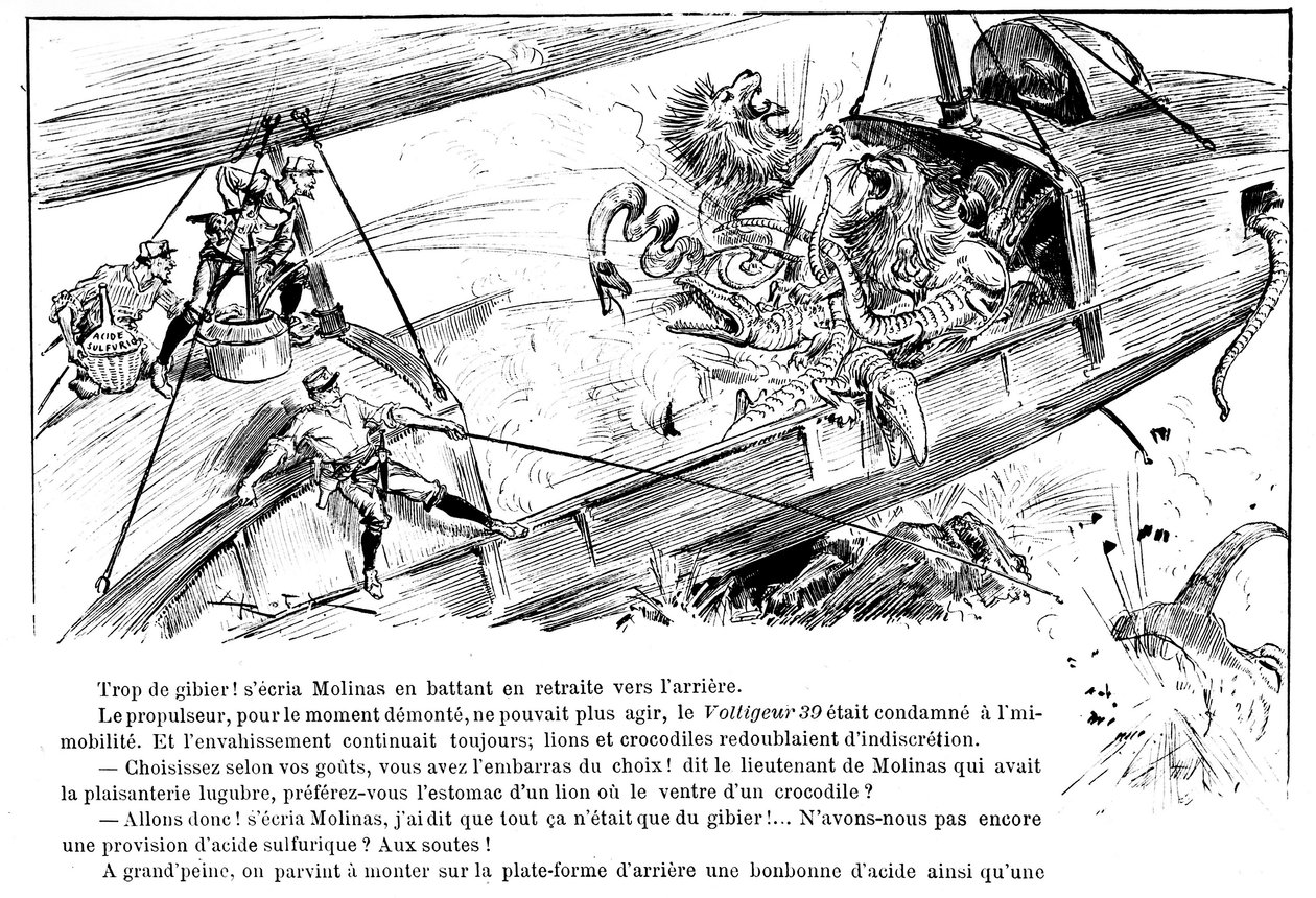 Előrejelzés: A Voltigeur támadása 39 - A. Robida „” A háború a 20. században” című részében, szerk. Georges Decaux alkotó: Albert Robida