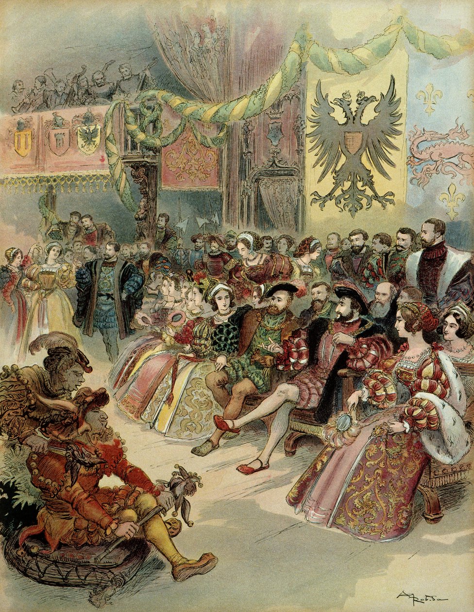 Bal 1. Francois (1494-1547) francia király udvarában V. Károly (1500-1558) spanyol király és a Német Római Birodalom germán császára jelenlétében Fontainebleau kastélyában 1539-ben. Ábra alkotó: Albert Robida