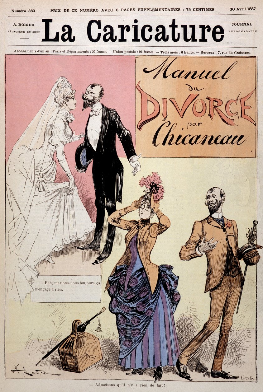 A pár megházasodott, majd elvált, Chicaneau "" Le Manuel du divorce"", Albert Robida (1848-1926) illusztrációja, couv. „A karikatúra”, 1887.04.30. alkotó: Albert Robida