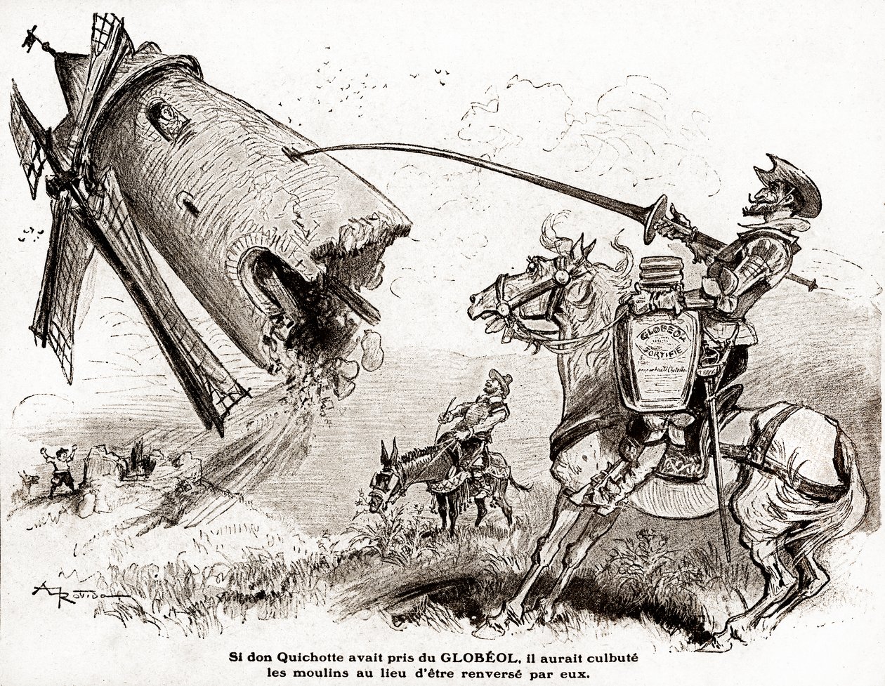 Don Quijote az erődítő Globeol reklámjához, 1916 körül (illusztráció) alkotó: Albert Robida