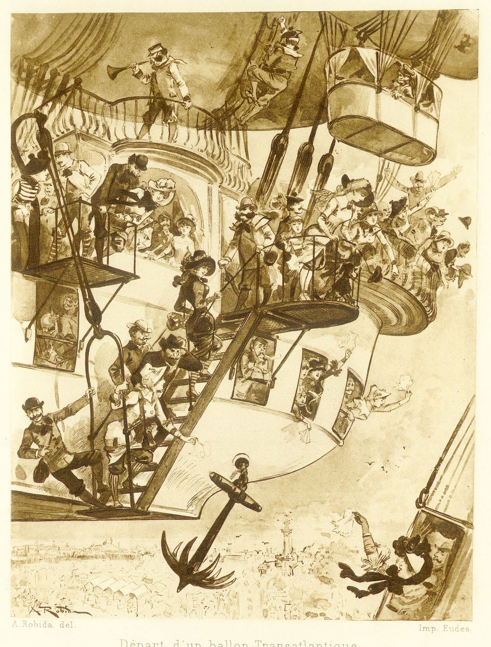 Egy transzatlanti léggömb indulása a Le Vingtieme Siecle kocsmából. 1883 alkotó: Albert Robida
