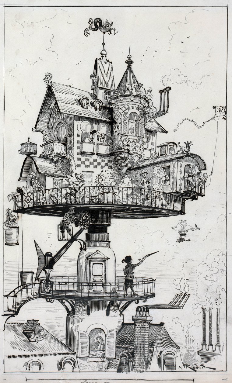 A rajzon egy háztetők fölé emelt, különböző irányú forgásra és beállításra tervezett lakóépület látható, Albert Robida c. 1883 alkotó: Albert Robida