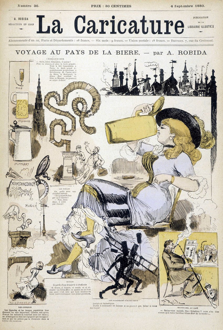 Szerkesztés egy söröskorsót ivó nővel, Robida - couv. az 1880. 04. 09-i „” La karikatúra””-ban. alkotó: Albert Robida